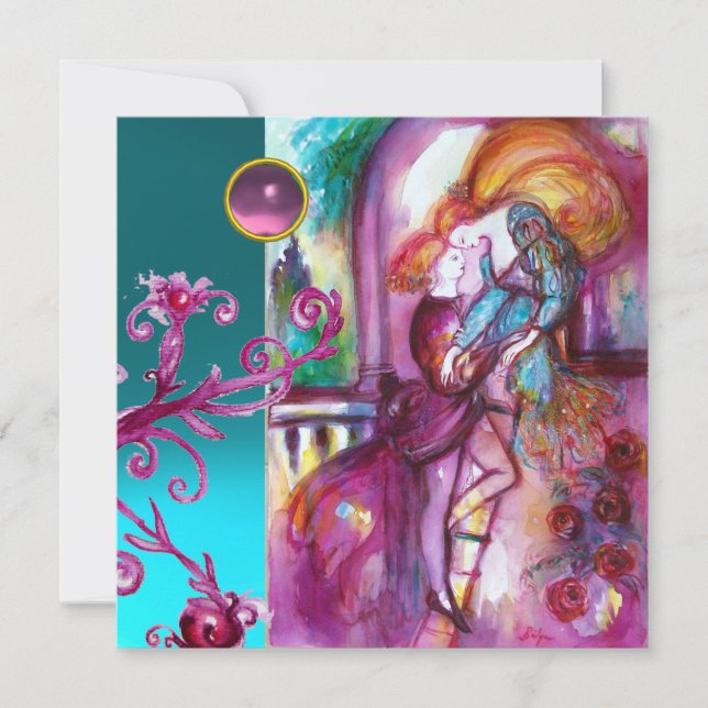 ROMEO AND JULIET /Teal Pink Damask Floral Swirls Invitation (Front)