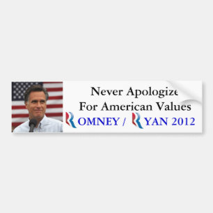 Romney / Ryan 2012 Never Apologize for America Bumper Sticker