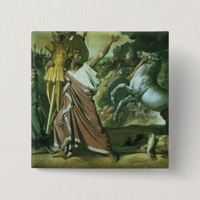 Romulus, conqueror of Acron, taking his booty to t 2 Inch Square Button (Front)