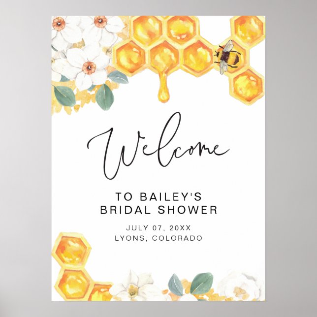 ROMY Rustic White Floral Bumble Bee Bridal Shower Poster (Front)