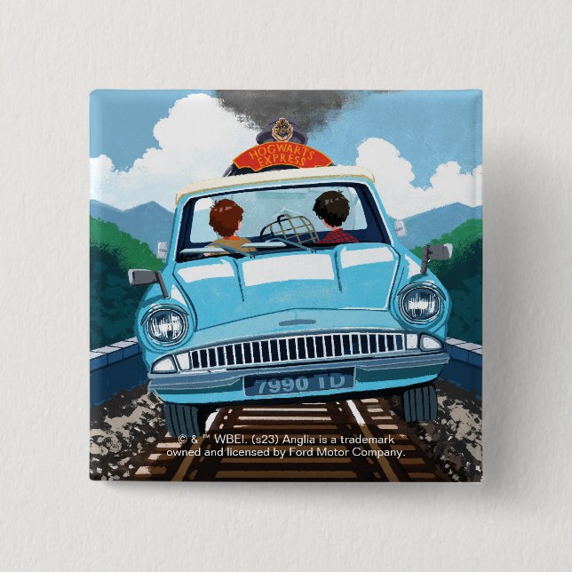 Ron & HARRY POTTER™ in Flying Car to HOGWARTS™ 2 Inch Square Button (Front)