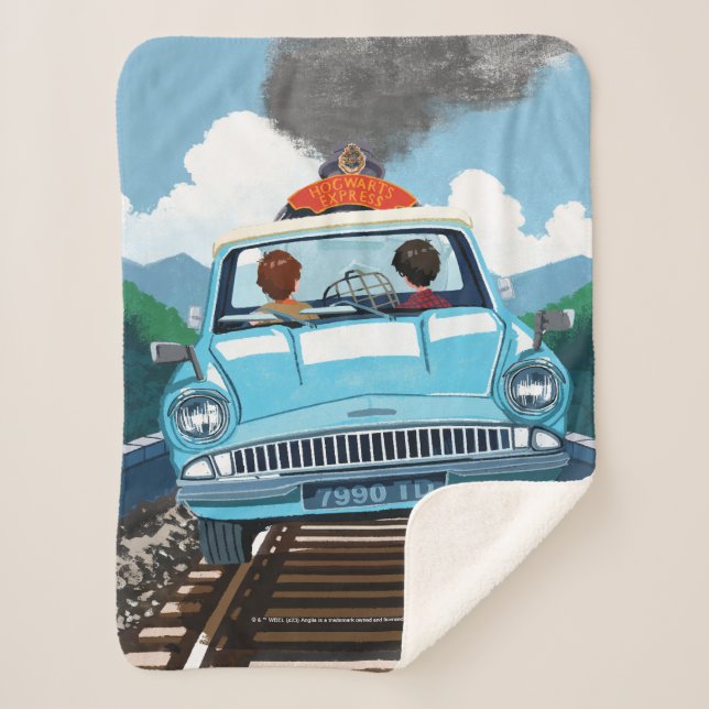 Ron & HARRY POTTER™ in Flying Car to HOGWARTS™ Sherpa Blanket (Front)