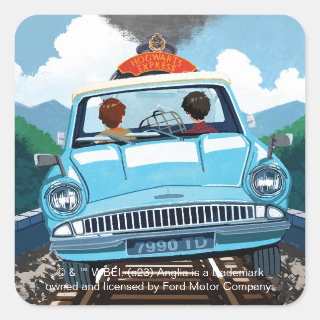 Ron & HARRY POTTER™ in Flying Car to HOGWARTS™ Square Sticker (Front)