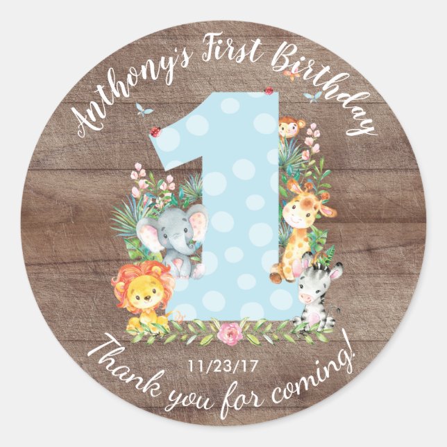 Rond 1er Anniversaire Jungle Animaux Favoriser Sticker (Devant)