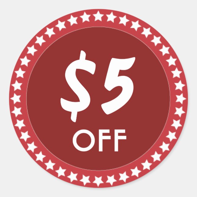 Rond 5 Dollar HORS Vente Remise Sticker Rouge (Devant)