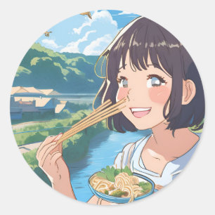 Rond Anime fille manger ramen sticker