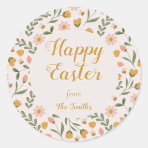 Rond Aquarelle Fleurs et abeilles Sticker de Pâques Pri