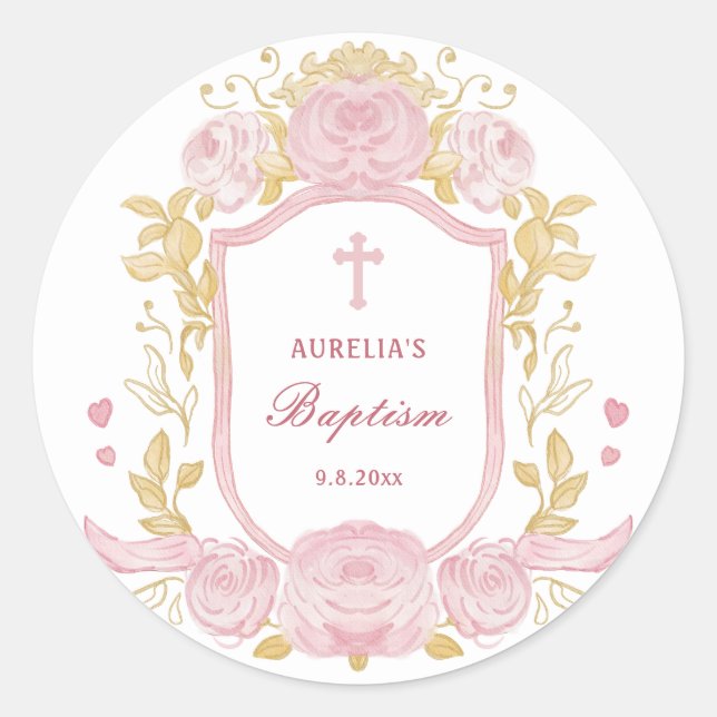 Rond Aquarelle Rose Crest Baptême Grand Sticker (Devant)
