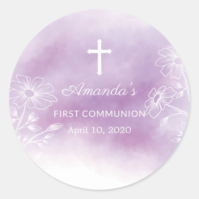 Rond Aquarelle violette Premier Sticker Communion (Devant)