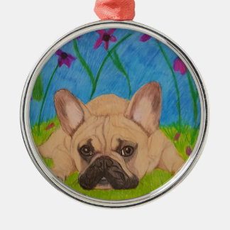 Rond Argenté Bouledogue français en ornement de fleurs