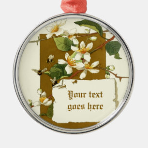 Rond Argenté Dessin vintage de fleurs blanches ornement