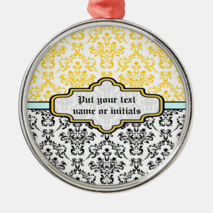 Rond Argenté Motif Damas noir blanc jaune aqua ornement