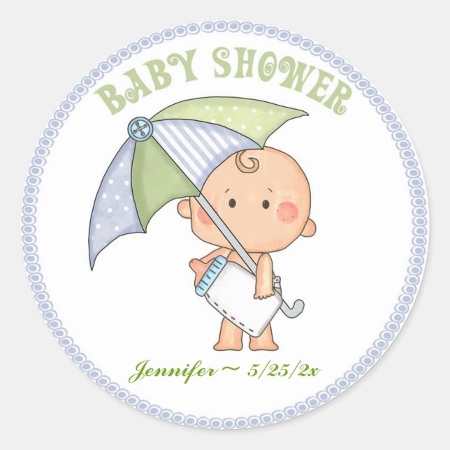 Rond Baby Boy, Parapluie, Sticker Baby shower (Devant)