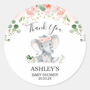 Rond Baby shower rose Floral Elephant Favoriser Sticker
