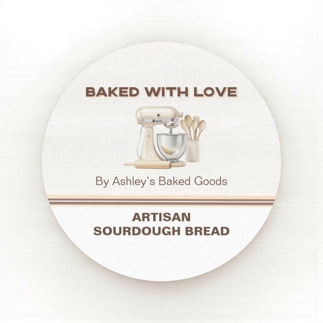 Rond Baked With Love Artisan Bread Bakery Sticker (Personalized bakery label for sourdough and homemade baked goods)