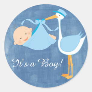 Rond Beau Sticker de Baby shower de cigogne bleue