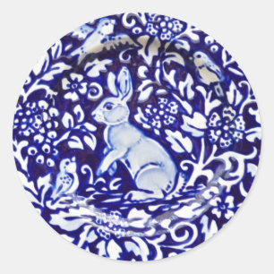 Rond Bleu blanc lapin Oiseau Floral Sticker Dedham Navy