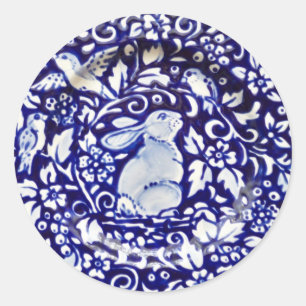 Rond Bleu blanc lapin Oiseau Floral Sticker Dedham Navy
