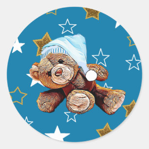 Rond Bleu et or Stars Sticker Baby shower Ours Teddy