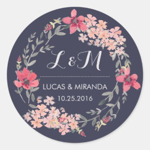 Rond Bleu et rose fleuri Wreath Wedding Favor Sticker
