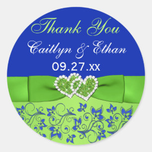 Rond Bleu, Flore verte, Coeurs Mariage Favor Sticker