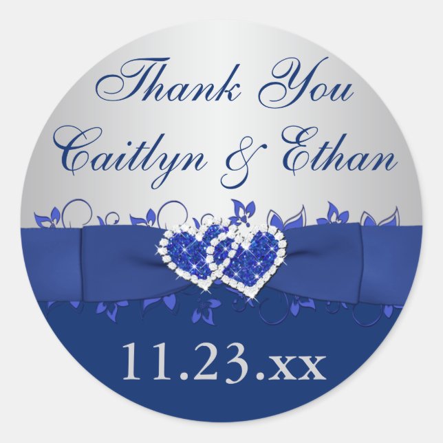 Rond Bleu, Gris Argent Floral Mariage Favoriser Sticker (Devant)