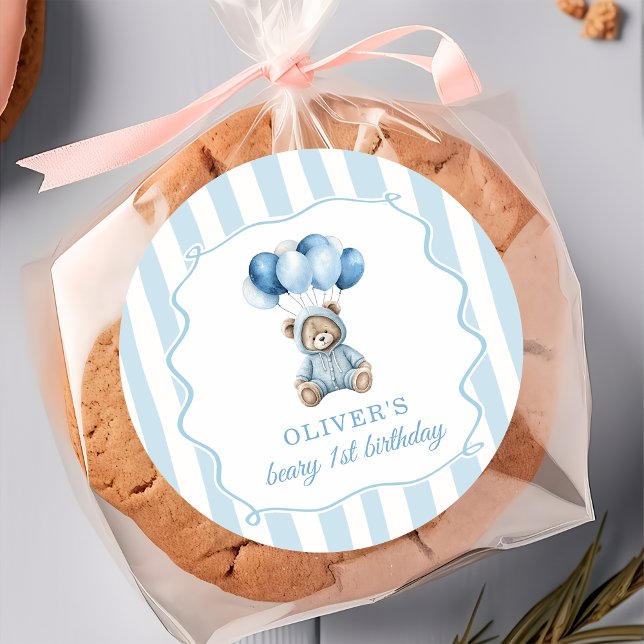 Rond Blue Balloons Teddy Bear Birthday Sticker (Créateur téléchargé)