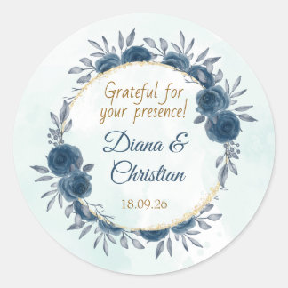Rond Blue Gold Floral Wedding Sticker Elegant Circle