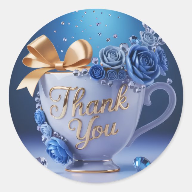 Rond Blue Rose Teacup, Thank You Sticker (Devant)
