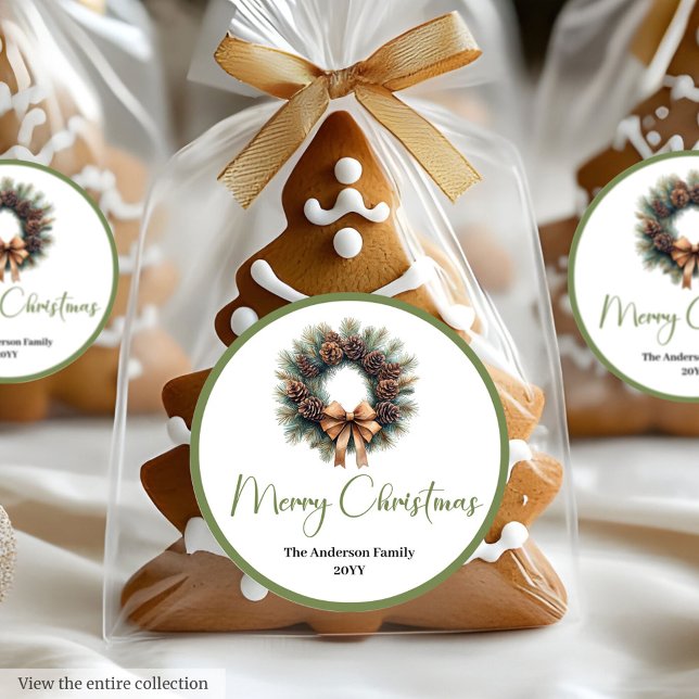 Rond Bohemian Pine Wreath Minimalist Gift Sticker (Bohemian Pine Wreath Minimalist Gift Sticker)