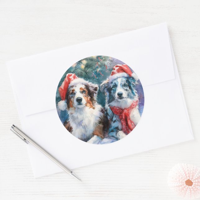 Rond Border Collie Round Christmas Sticker (Enveloppe)