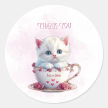 Chaton en Coupe Sticker Fleurs Roses
