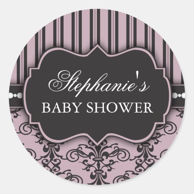 Rond Chic Damask & Stripe Baby shower Favoriser Sticker (Devant)
