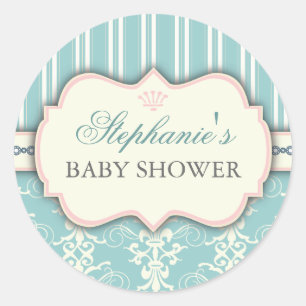 Rond Chic Damask & Stripe Baby shower Favoriser Sticker