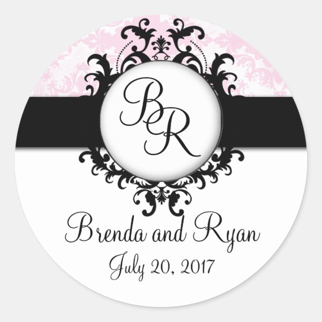 Rond Chic rose Damask Sticker Mariage initial (Devant)