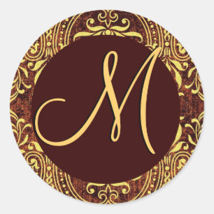 Rond Chocolat Or Monogramme M Mariage damassé Sticker V