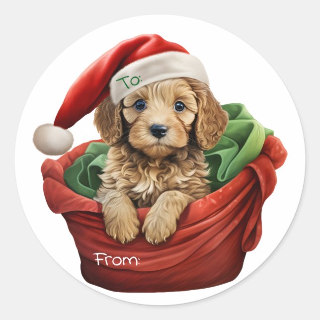 Rond Christmas Cockapoo Puppy Sticker (Devant)
