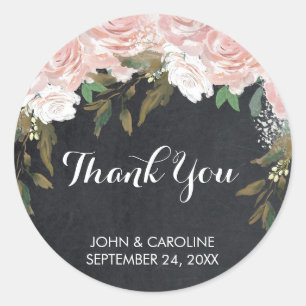 Rond craie florale rose merci sticker wedding shower