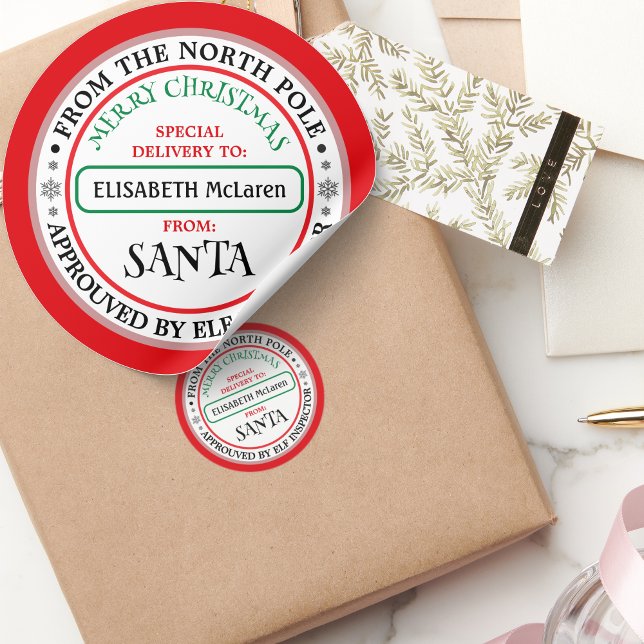 Rond Custom Santa Claus Name Sticker — North Pole Works (Custom Santa Claus Name Sticker — North Pole Workshop)