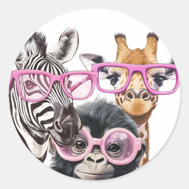 Rond Cute Animal Friends Sticker – Zebra Giraffe Monkey (Devant)