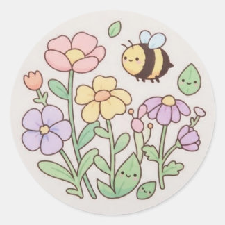 Rond Cute Bee & Smiling Flowers Sticker - Pastel Floral