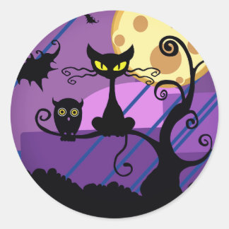 Rond Cute Halloween Chat/Chouette noire & Sticker Arbre
