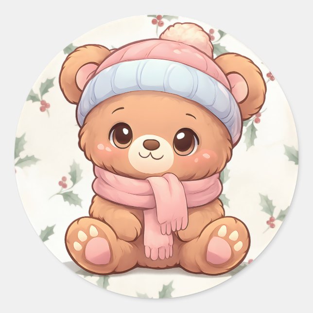Rond Cute Kawaii Teddy Bear Winter Sticker (Devant)