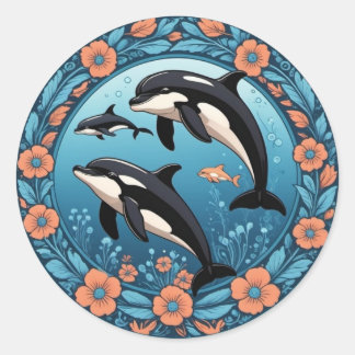 Rond Cute Orca Pod nage avec Sticker Fleurs