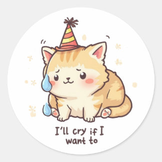 Rond Dramatic Cat Crying Party Sticker - Relatable Humo