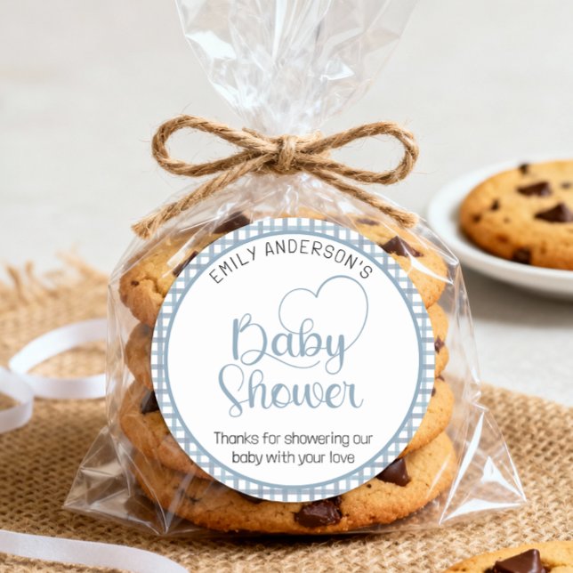 Rond Dusty Blue Gingham Baby Shower Favor Sticker (Baby Shower Sticker)