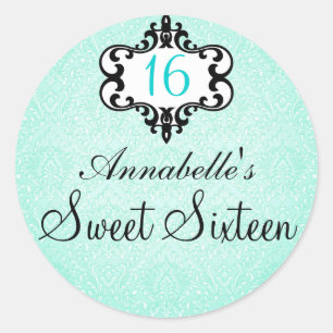 Rond Élégant Aqua & Black Chic Damask Sweet 16 Sticker