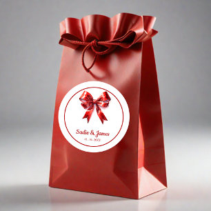 Rond Elégant Aquarelle Rouge Bow Wedding Favor Sticker