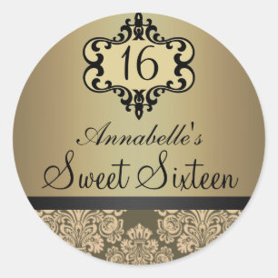 Rond Élégant Gold Chic Damask Sweet 16 Sticker