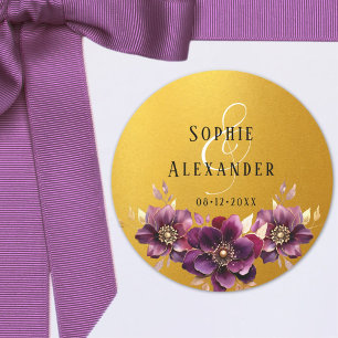 Rond Élégant nom floral Date Mariage Golden Sticker